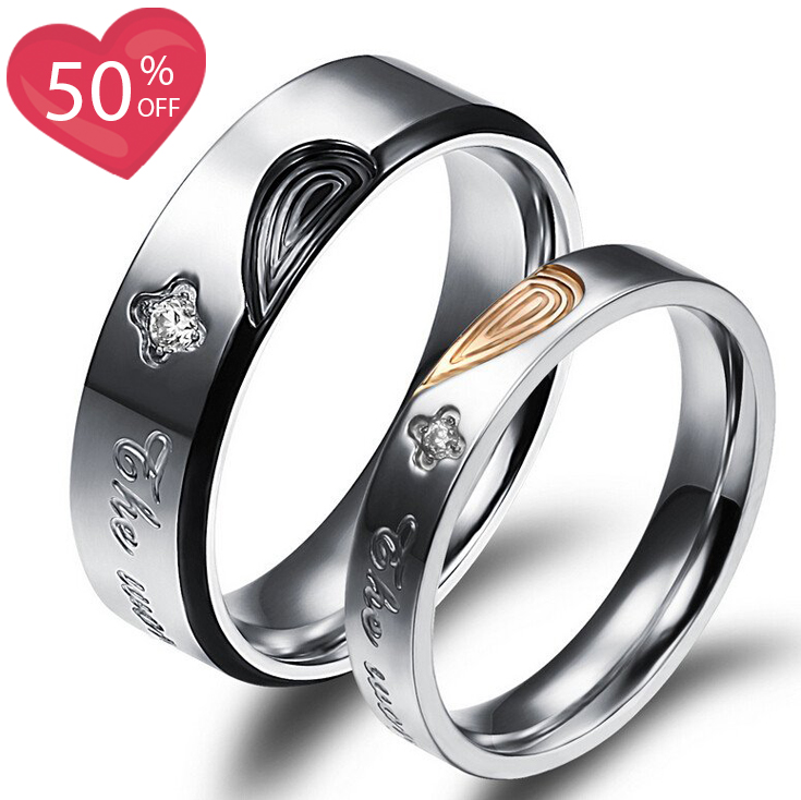 Matching Heart-shaped Titanium Steel Crystal Lover Couple Rings