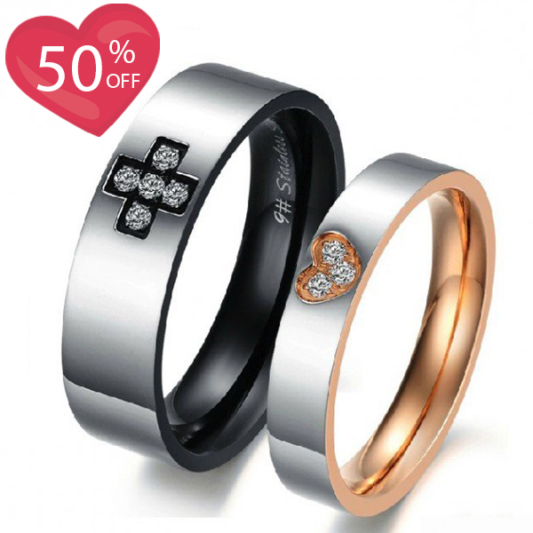 Titanium Steel Cross & Heart Crystal Couple Rings