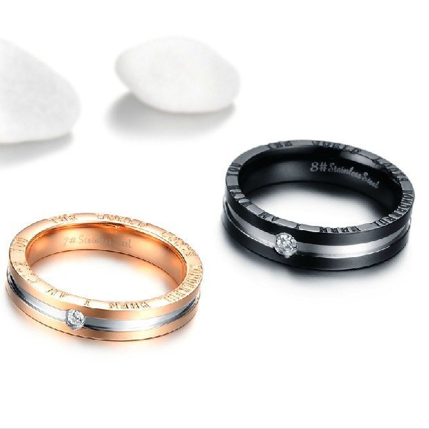 Personalized Titanium Black & Rose Gold Zircon Couple Rings