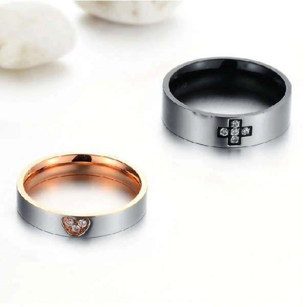 Titanium Steel Cross & Heart Crystal Couple Rings