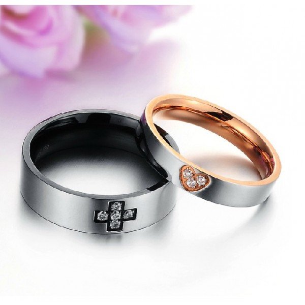 Titanium Steel Cross & Heart Crystal Couple Rings