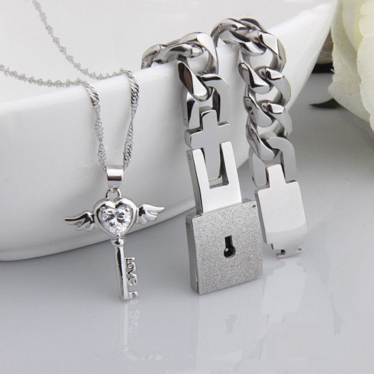 Titanium Men Bracelet & Angel's Heart Key Necklace Set For Couple