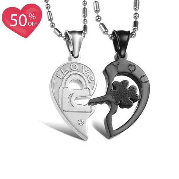 Four-leaf Clover Key And Lock Lover Couple Necklaces Matching Set For A Pair（a set）