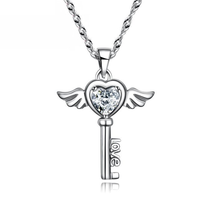 Titanium Men Bracelet & Angel's Heart Key Necklace Set For Couple