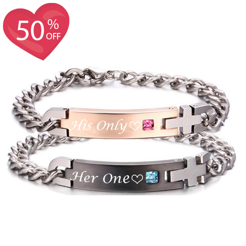 |His Only|&| Her One| Titanium Matching Bracelets for Couple（a set）