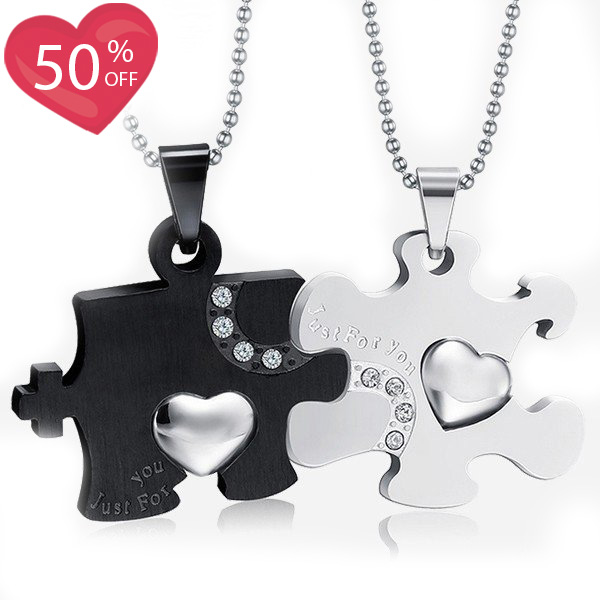 Personalized Heart Puzzle Cubic Zircon Inlaid Couple Necklaces（a set）