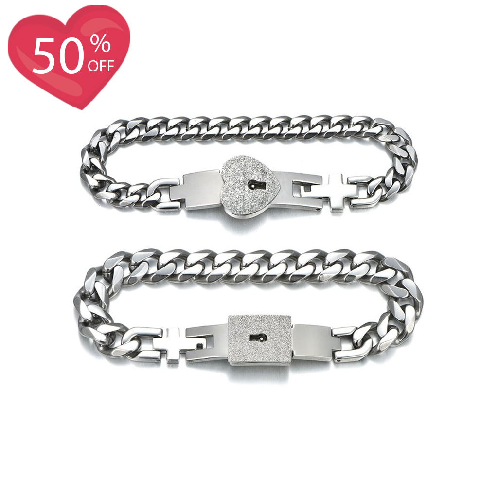 Heart-shaped rings connection Titanium Steel Silver Couple Bracelets（a set）