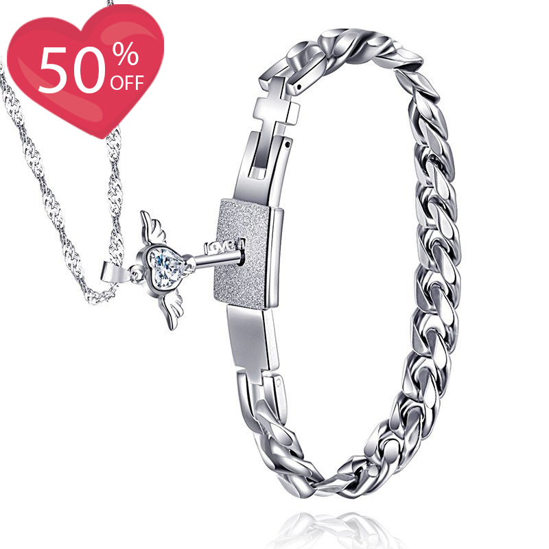 Titanium Men Bracelet & Angel's Heart Key Necklace Set For Couple（a set）