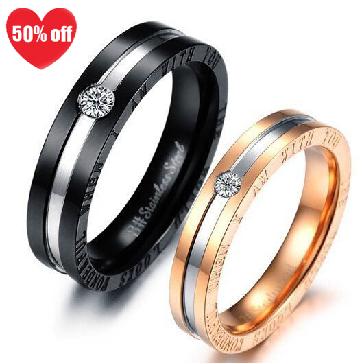 Personalized Titanium Black & Rose Gold Zircon Couple Rings